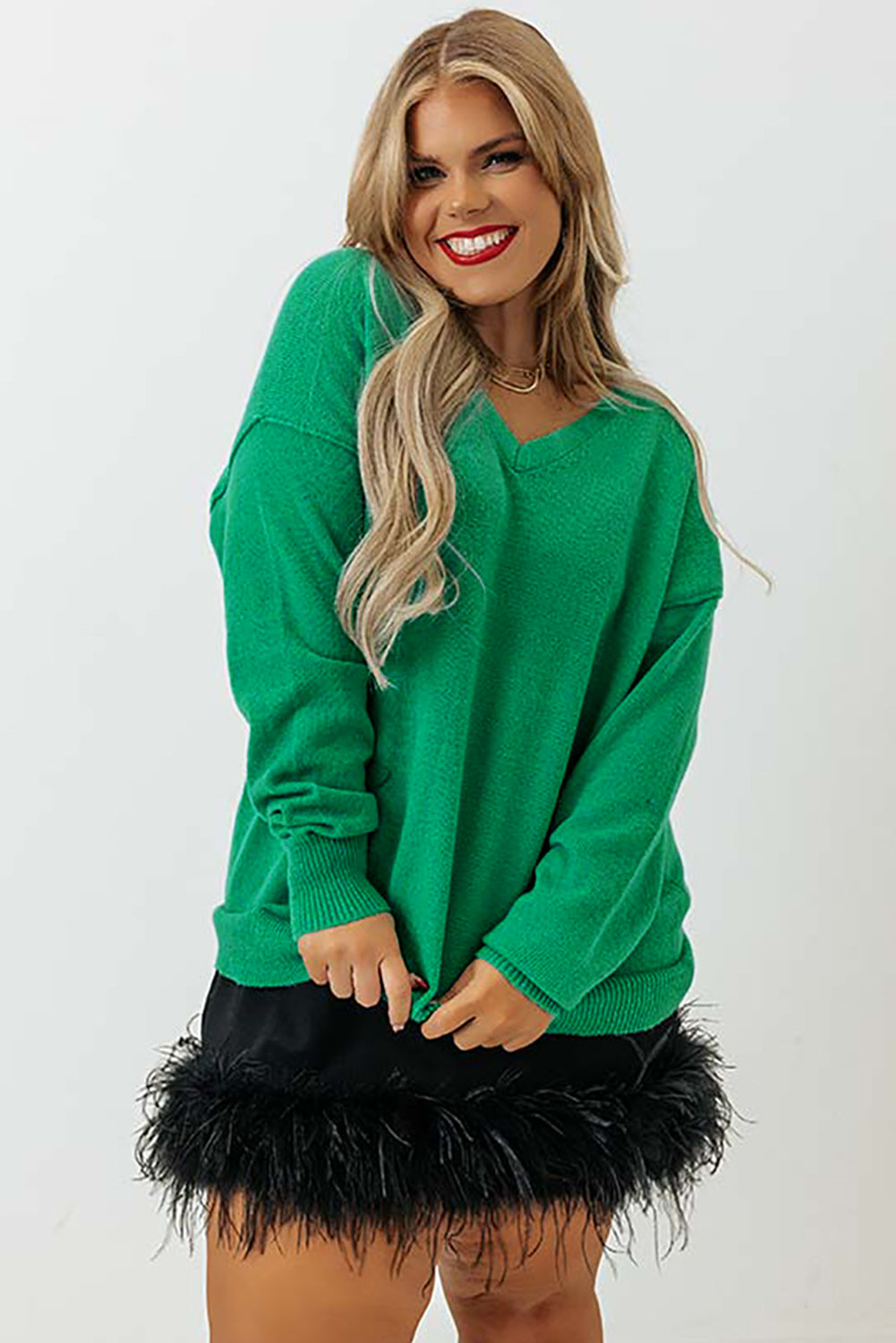 Green Plus Size Drop Shoulder V Neck Sweater - Eloy Royal