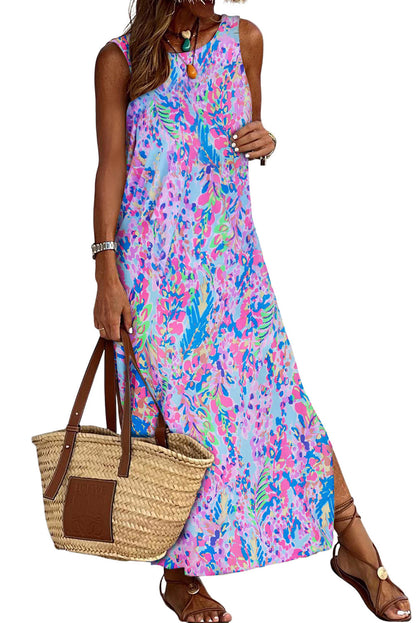 Purple Fluorescent Printed Round Neck	 Sleeveless Maxi Dress - Eloy Royal