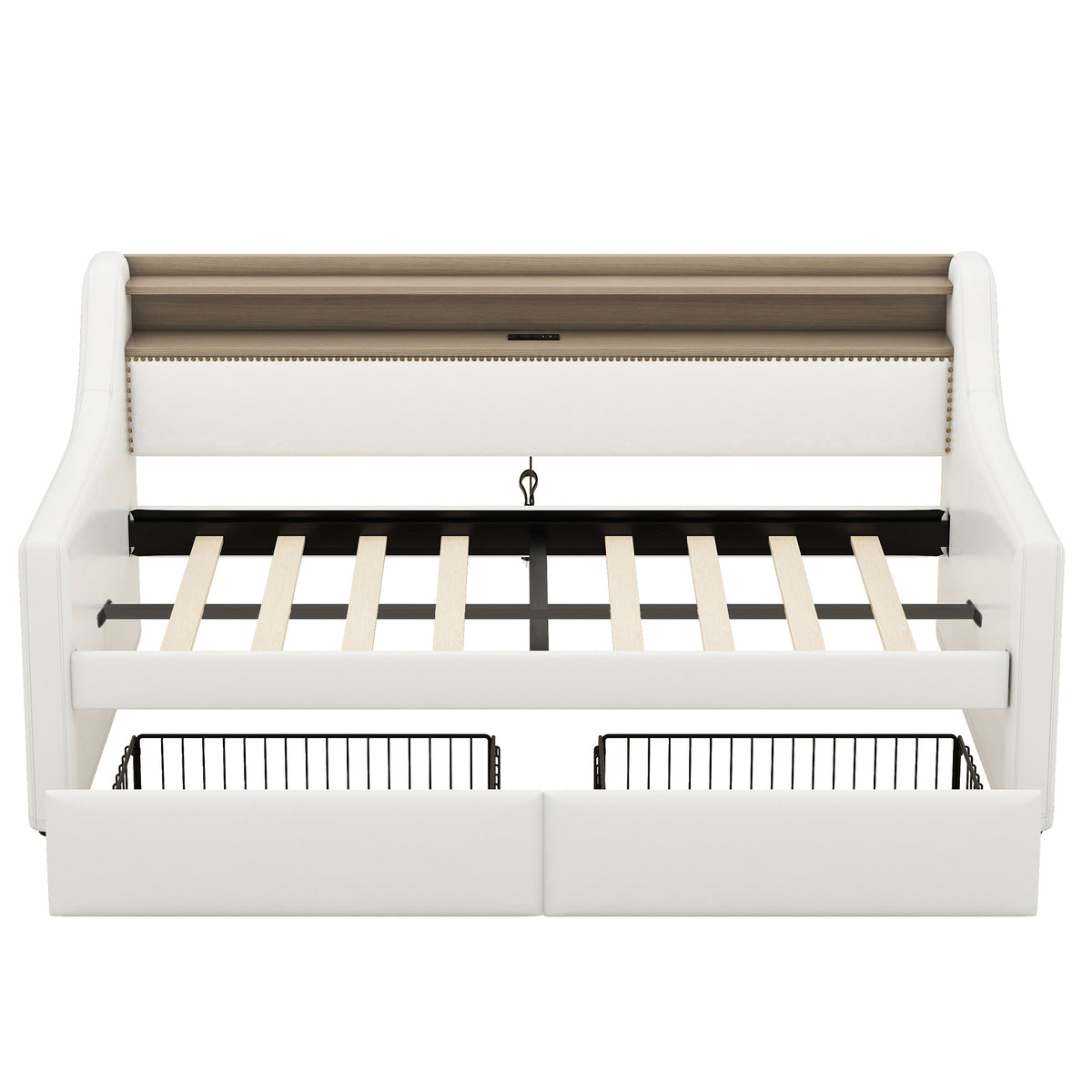Twin Size Daybed with Drawers, Upholstered Daybed with Charging Station and LED Lights, White