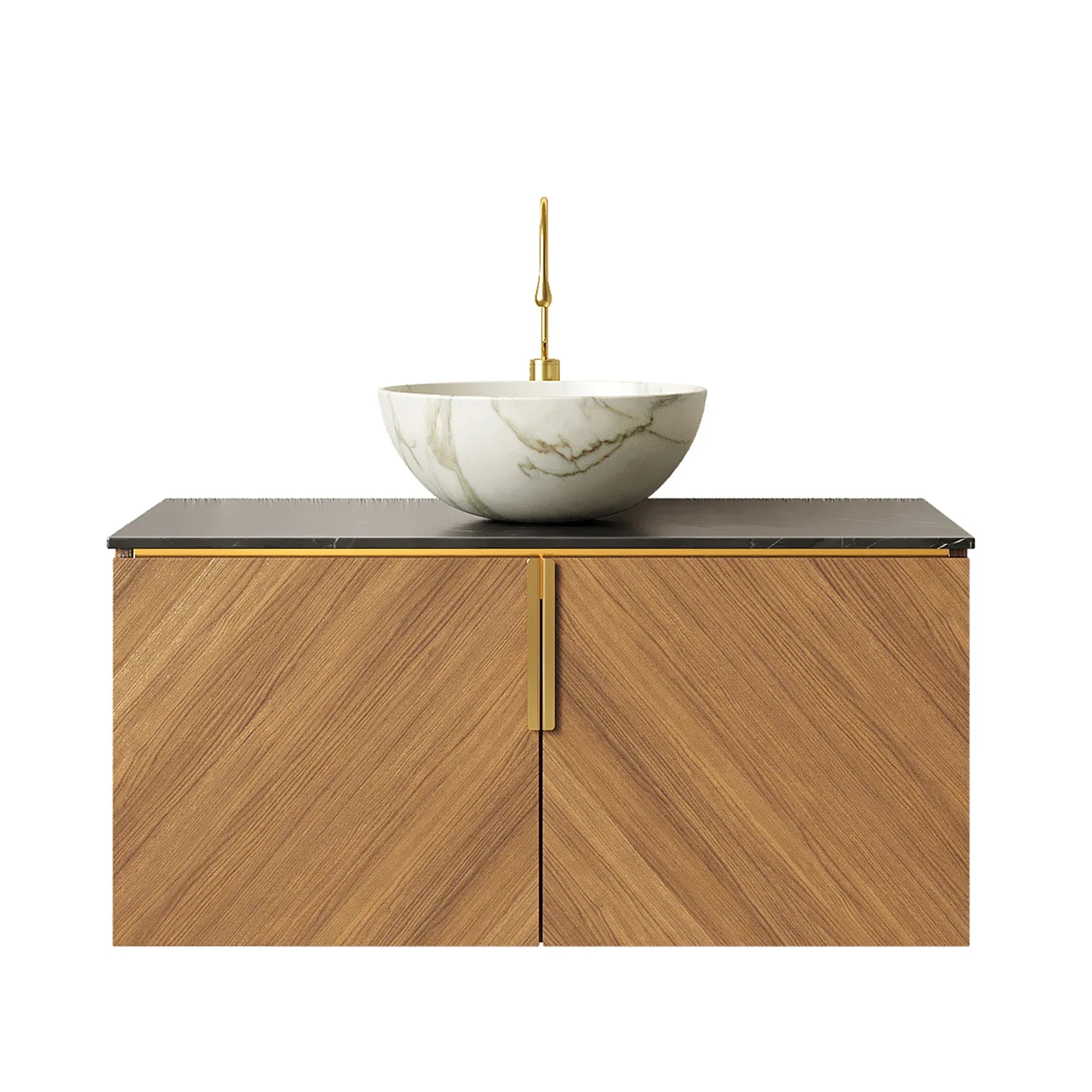 ARAI 36' Bathroom Vanity & Sink, Floating Plywood Bathroom Storage Cabinet with Double Doors, Black Sintered Stone Countertop & White Bowl Ceramic Basin with Stone Pattern, Brown Oak Woodgrain Color - Eloy Royal