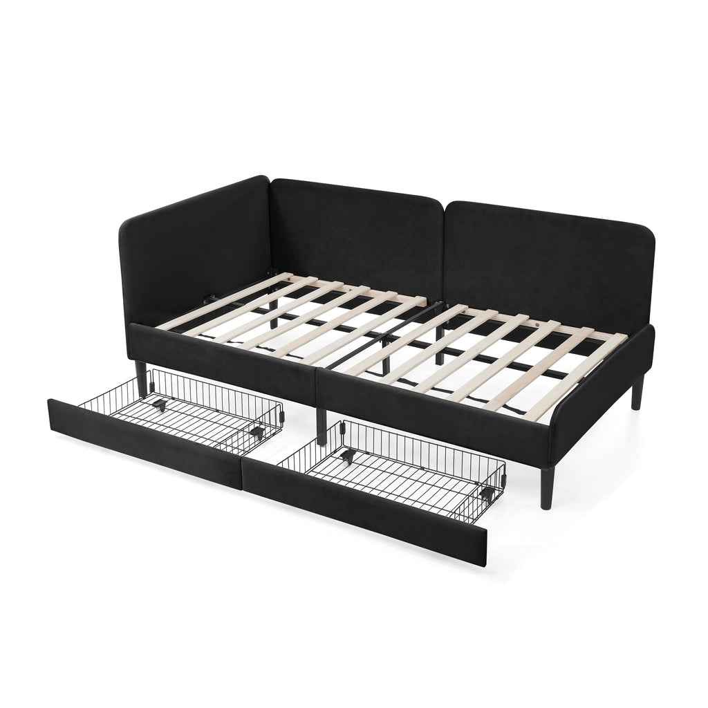 Black Velvet Twin Upholstered Platform Bed Frame with 2 Storage Drawers and Adjustable Sofa Bed