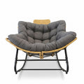 Oversized Papasan Rocking Chair Outdoor with Thick Cushion and Handwoven Rattan Head Pillow, Dark Grey Rattan and Metal Lounge Chair for Balcony, Porch, Garden, 39.37'