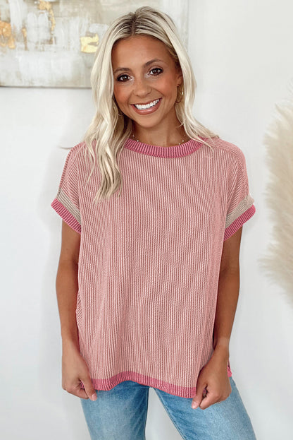 Bright Pink Textured Contrast Color Round Neck T Shirt - Eloy Royal