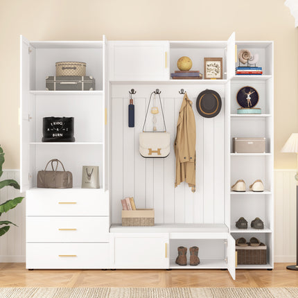 U-Can American Style 4-in-1 Hall Tree with Padded Bench, 4 Hooks, and Adjustable Storage Shelves
