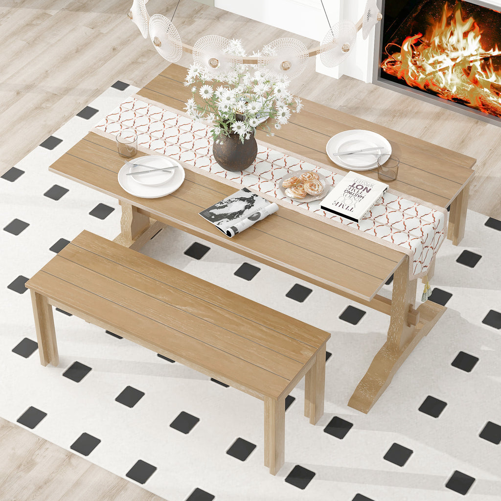 Tiberio 3-Piece Trestle Dining Set with 2 Benches, Natural Wood