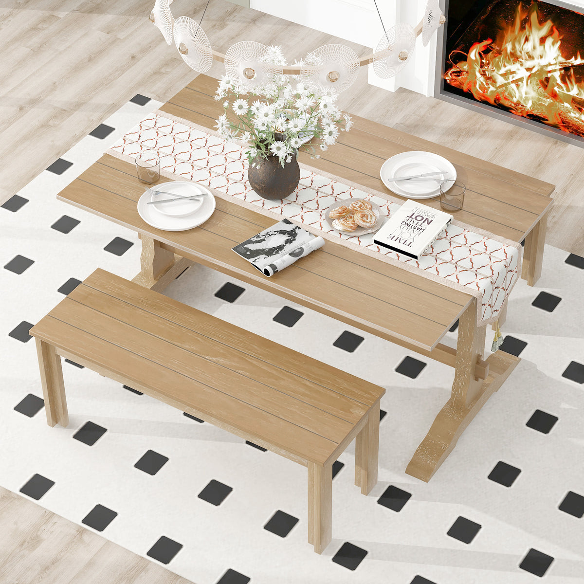 Tiberio 3-Piece Trestle Dining Set with 2 Benches, Natural Wood