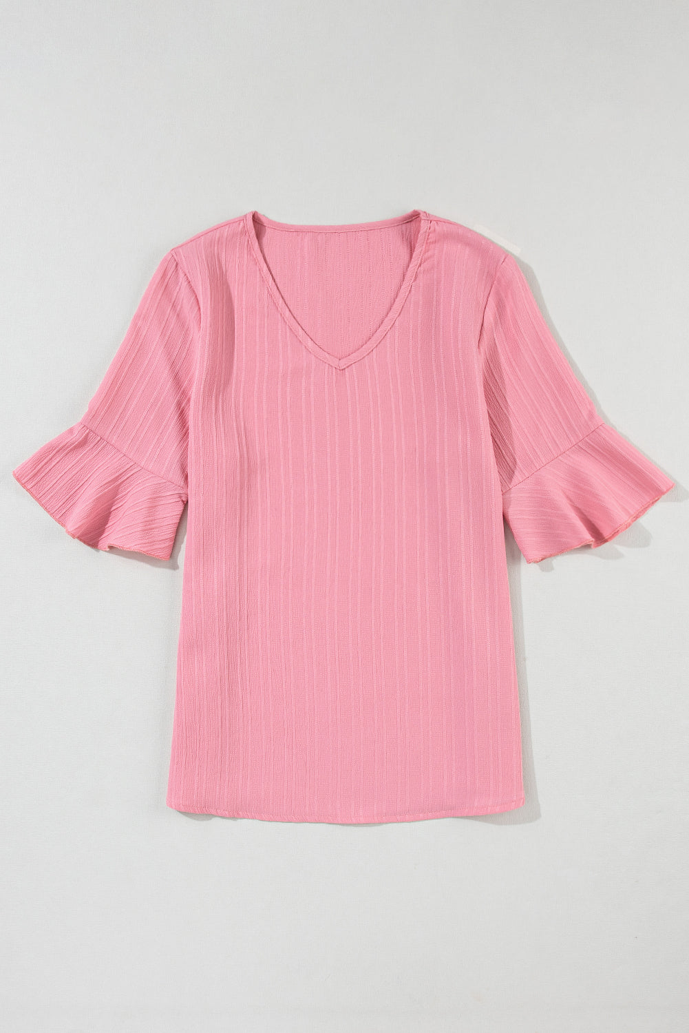 Peach Blossom Ruffled Short Sleeve V Neck Textured Shirt - Eloy Royal