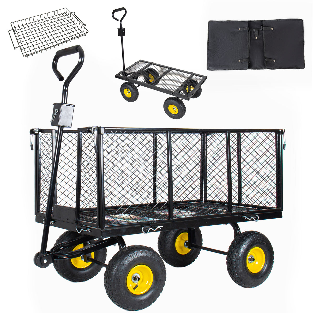 3-in-1 Oversized Steel Garden Cart , 880lbs Pullable Mesh Metal Garden Cart, All-Terrain Utility Cart with Removable Liner & Side Panels & Mesh Tray for Outdoor Lawn, Patio and Landscaping, Black