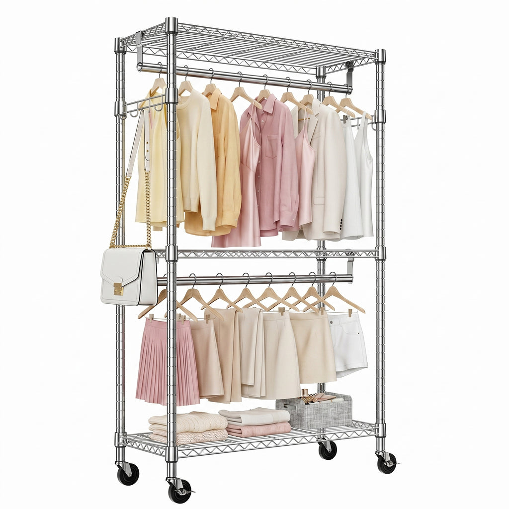 Heavy Duty Rolling Garment Rack 3 Tiers Adjustable Wire Shelving Clothes Rack with 2 Rods and Side Hooks,Storage Closet Clothing Rack with Wheels Chrome 15.7' D x 29.5' W x 74.5' H