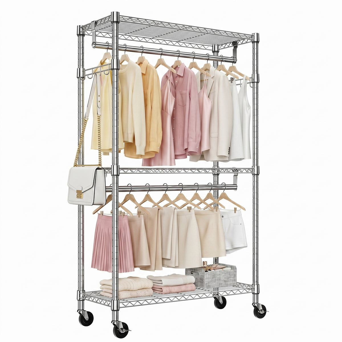 Heavy Duty Rolling Garment Rack 3 Tiers Adjustable Wire Shelving Clothes Rack with 2 Rods and Side Hooks,Storage Closet Clothing Rack with Wheels Chrome 15.7' D x 29.5' W x 74.5' H