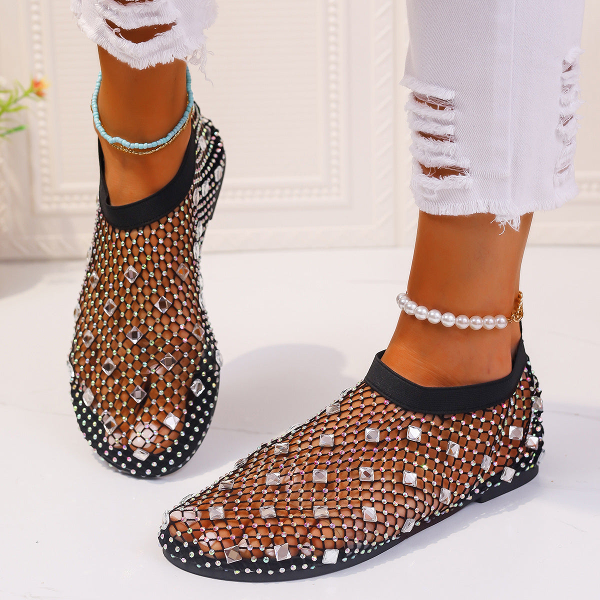 Fashion Mesh Flat Sandals With Colorful Rhinestone Design Summer New Round Toe Beach Shoes For Women - Eloy Royal