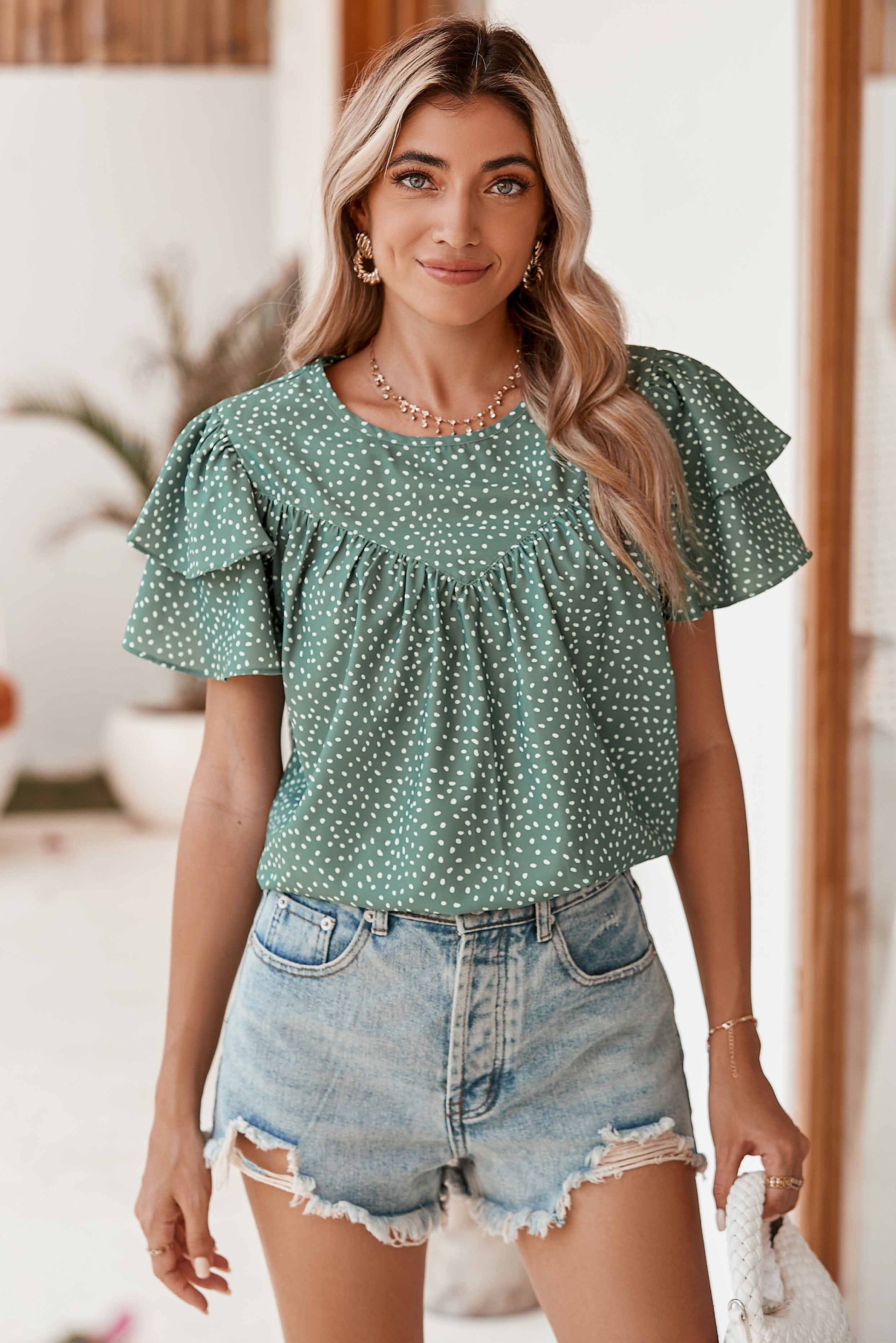 Laurel Green Spotted Print Pleated Ruffle Sleeve Blouse - Eloy Royal