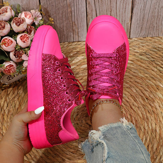 Glitter Sequin Design Flats Shoes Women Trendy Casual Thick-soled Lace-up Sneakers Fashion Skateboard Shoes - Eloy Royal