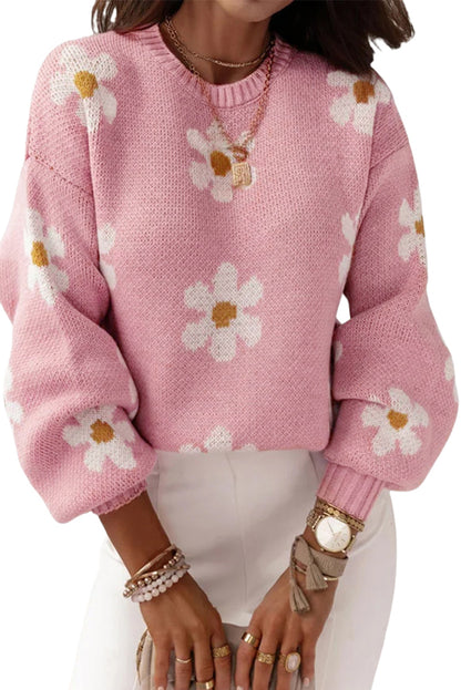 Pink 60s Floral Pattern Drop Shoulder Pullover Knit Sweater