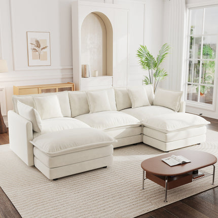 U-Shaped Sectional Sofa w/Reversible Footrest, 5-Seater Convertible Corner Couch with 2 Ottomans ,Modern Minimalist Soft Sofa & Couch for Living Room , White