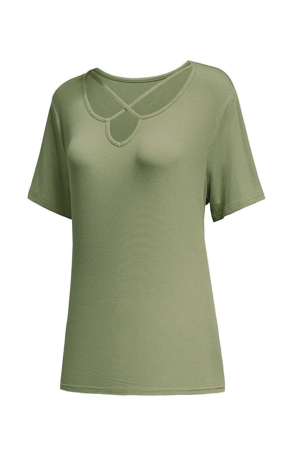 Army Green Casual Crisscross Ribbed Knit  Plus Size Tee