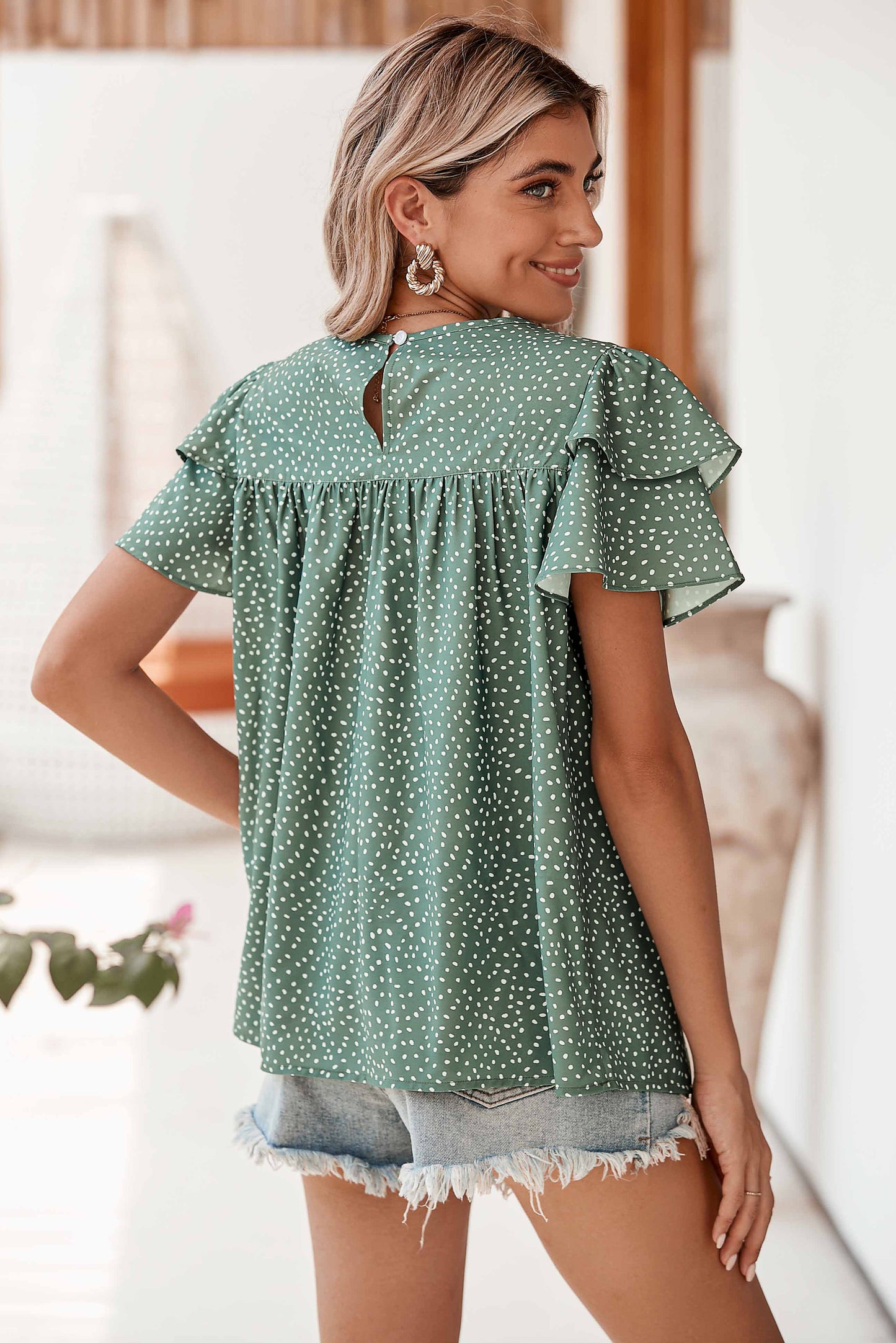 Laurel Green Spotted Print Pleated Ruffle Sleeve Blouse - Eloy Royal