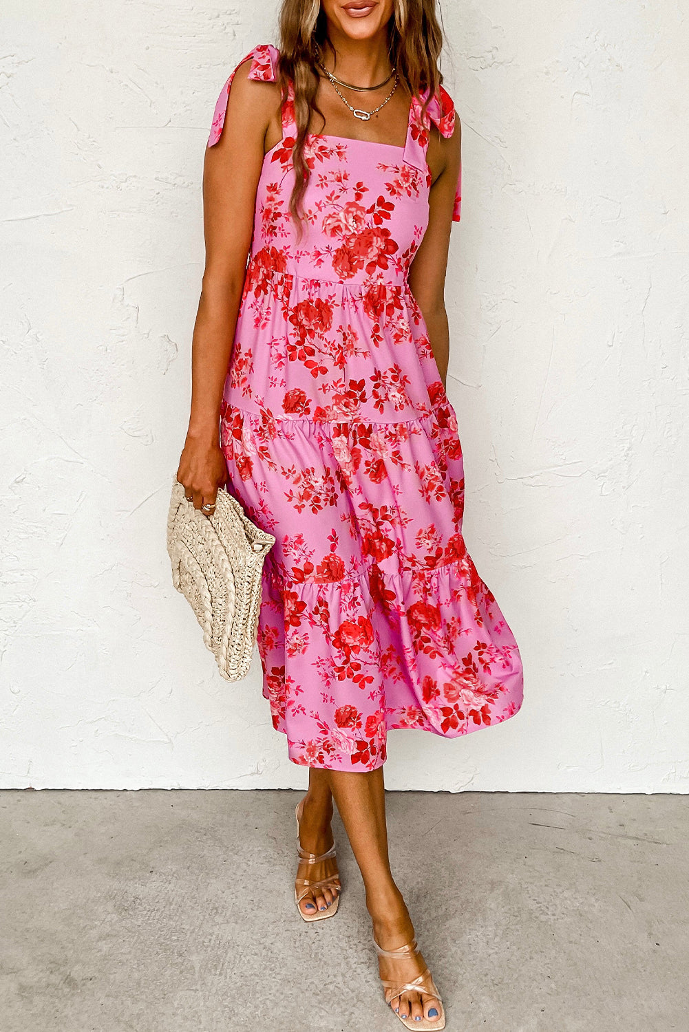 Pink Tie Shoulder Straps Tiered Floral Dress - Eloy Royal