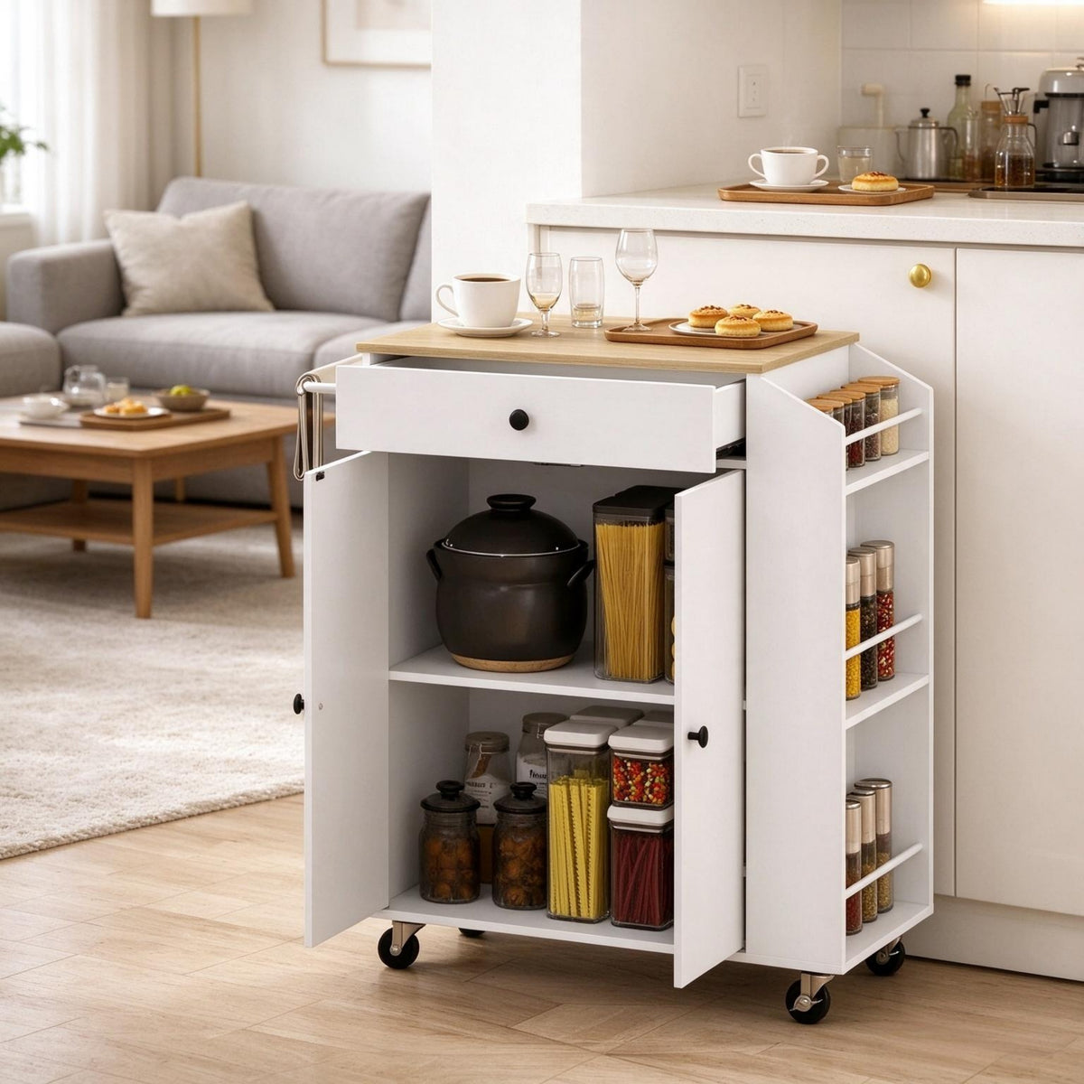 Modern Rolling Kitchen Island Cart, Mobile Kitchen Trolley with Storage Drawer, Cabinet & Side Spice Rack, Wood Top Serving Cart for Kitchen