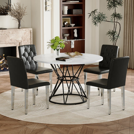 Table and chair set. A circular white MDF dining table with a diameter of 47.3 inches,black hourglass shaped metal brackets.Paired with 4 black PU dining chairs: ergonomic buckle backrest.