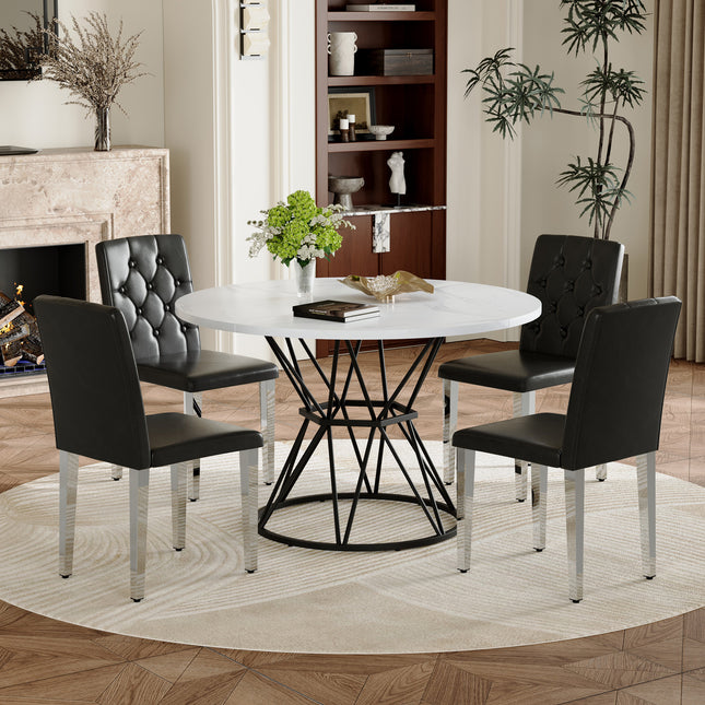 Table and chair set. A circular white MDF dining table with a diameter of 47.3 inches,black hourglass shaped metal brackets.Paired with 4 black PU dining chairs: ergonomic buckle backrest.