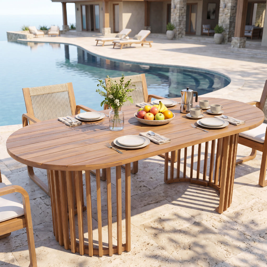 Light Teak Finish Solid Acacia Wood Oval Outdoor Dining Table, Unique Vertical Slatted Leg Design, 500 LBS Weight Capacity, Large Patio Dinner Table for Garden Pool Backyard