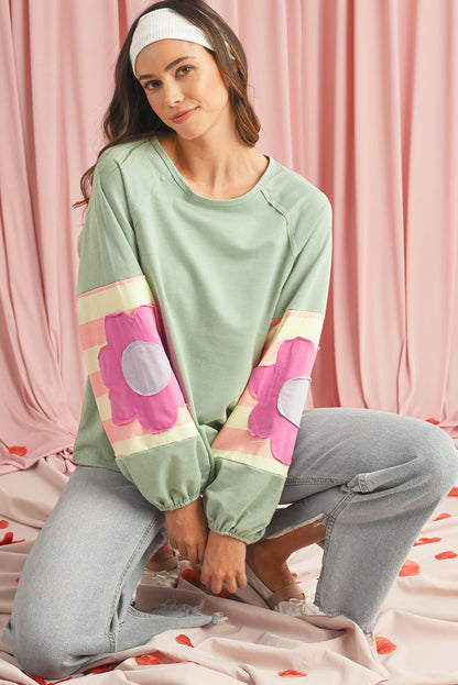 Smoke Green Flower Patchwork Exposed Seam Raglan Sleeve Top