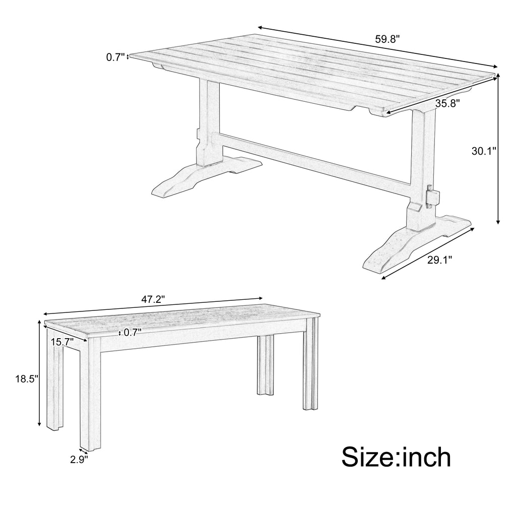 Tiberio 3-Piece Trestle Dining Set with 2 Benches, Natural Wood
