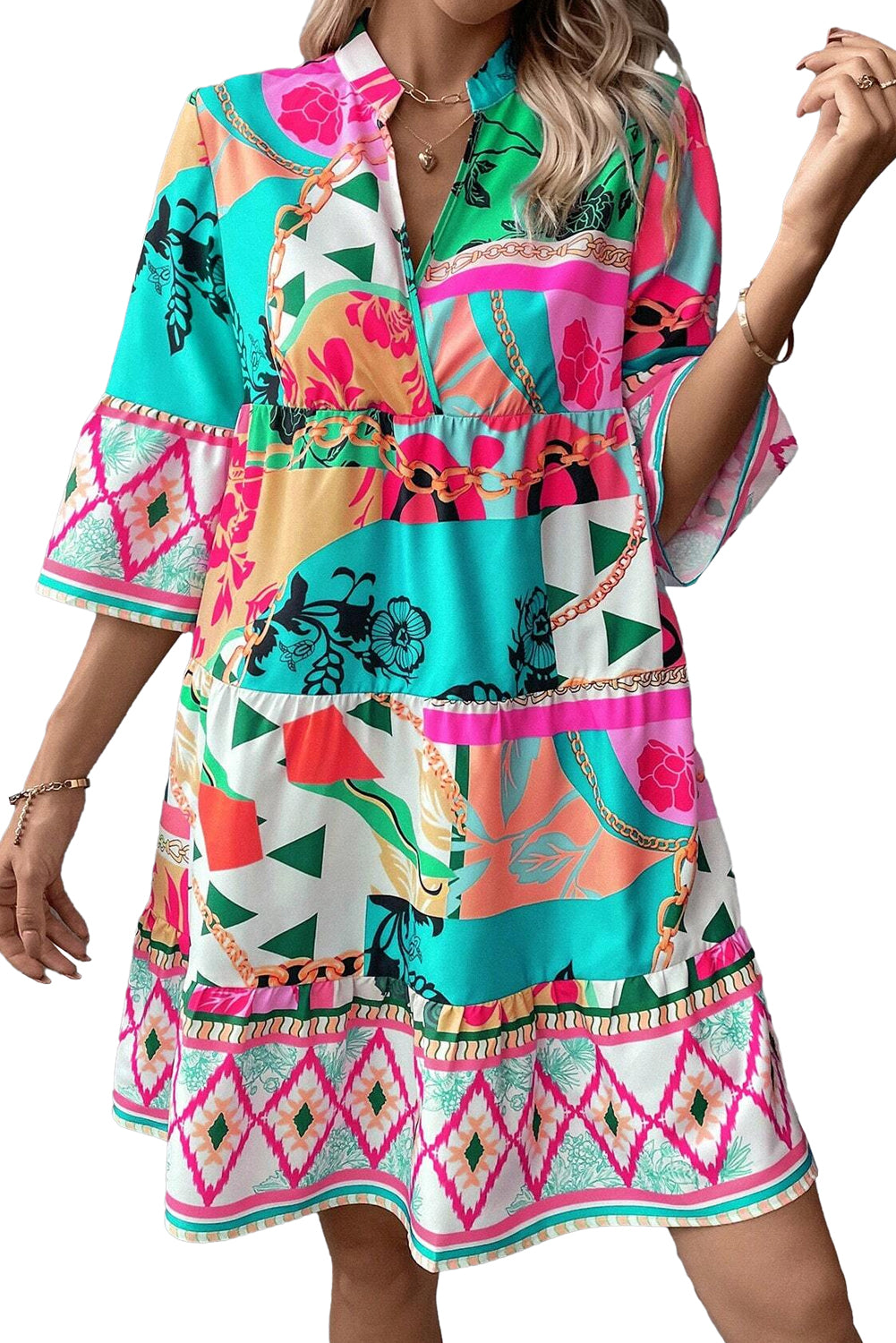 Multicolour Boho Abstract Print Flowy Tiered Dress - Eloy Royal