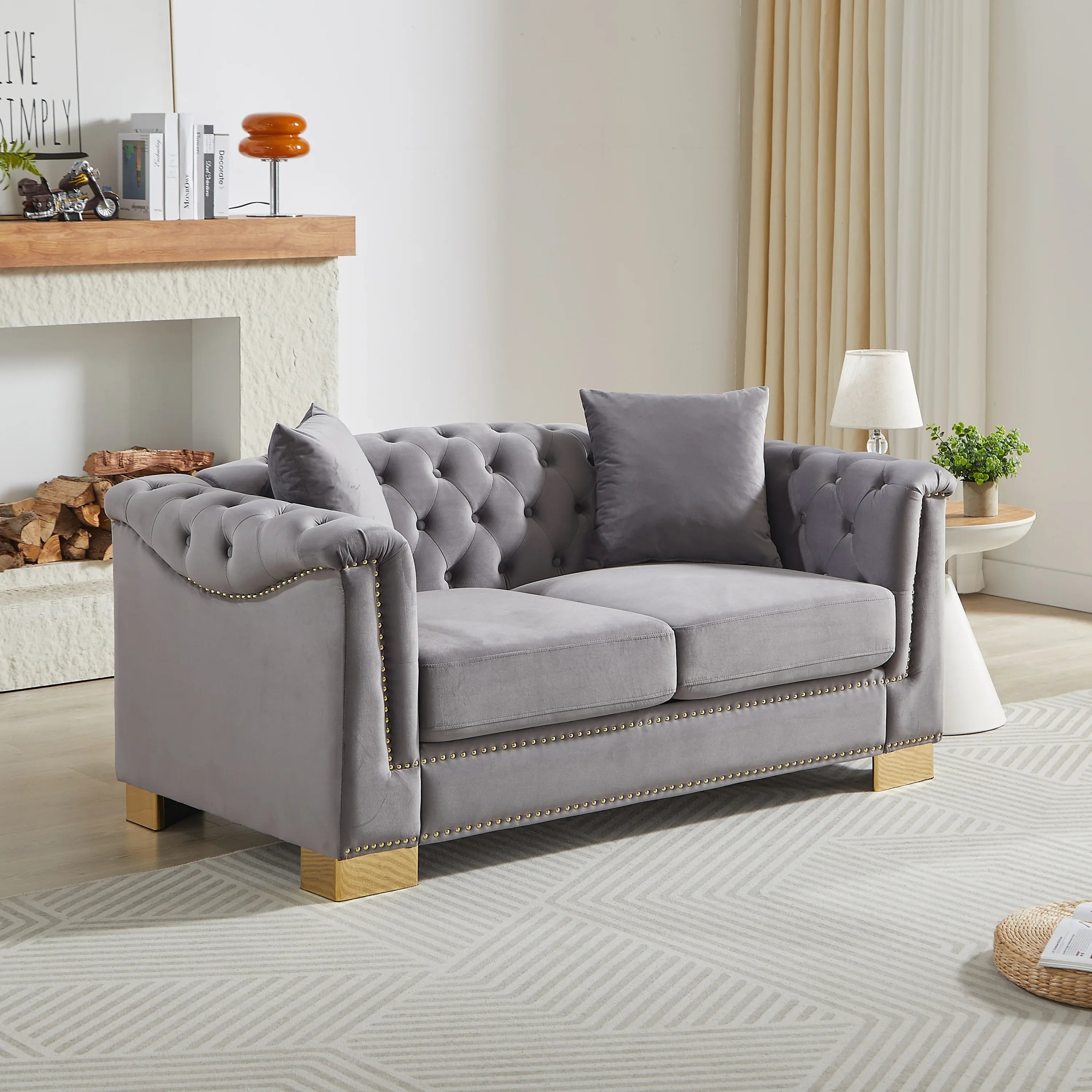 {Video] Classic Modern Style Sofa, 62-inch Chesterfield Classic Rolled Arm Tucked-in Nailhead Decor Cloud Two-Seater Velvet Sofa, Luxury Double Sofa Suitable for Living Room, Bedroom, Apartment, Grey - Eloy Royal