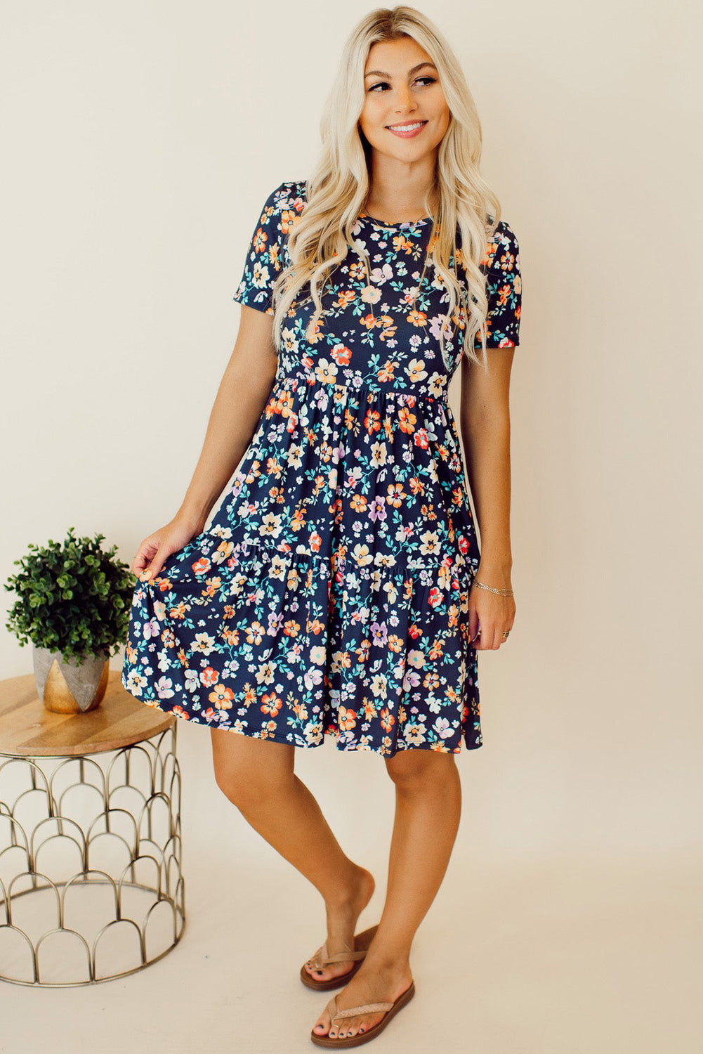 Blue Boho Floral A Line Smocked Waist Mini Dress - Eloy Royal