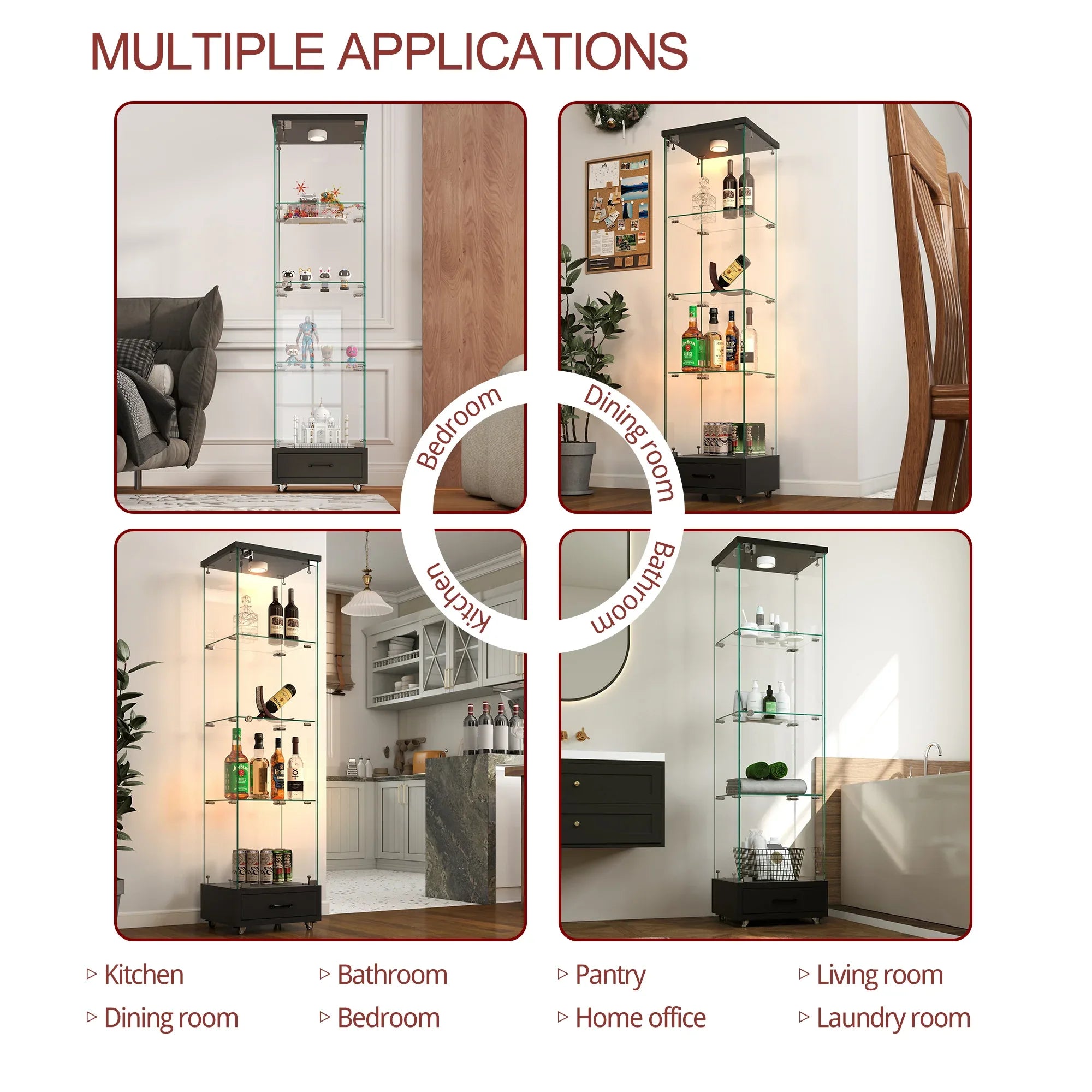 Modern Glass Display Cabinet with Drawer , Quick-assembly Antique Cabinet with LED lights, Tempered Glass Bookshelf, 1-Door Storage Case with 4 Shelves for Living Room and Bedroom, black - Eloy Royal