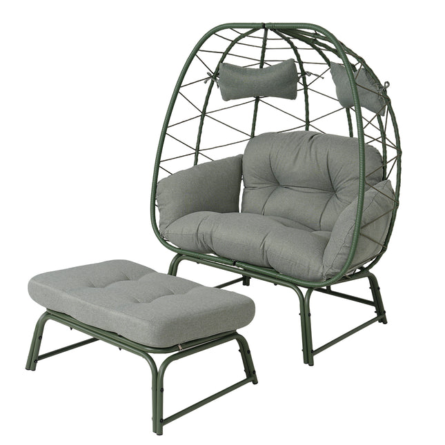 Double Patio Egg Chair with Ottoman, Wicker Outdoor Egg Chair with Cushion, 2 Person Lounge Chair with Footrest for Balcony, Garden and Backyard