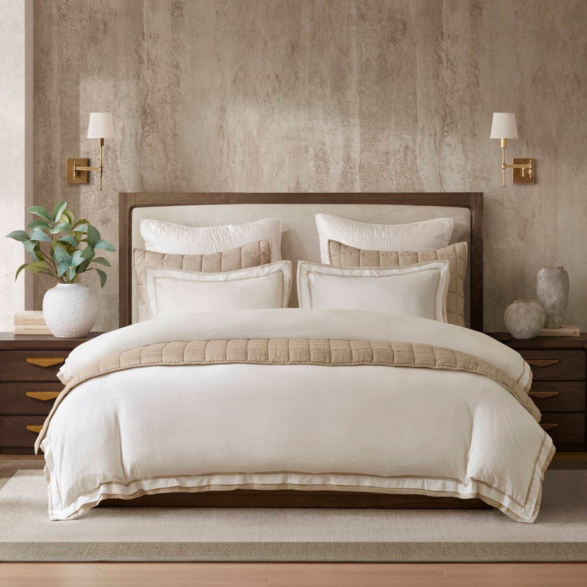 3 Pieces King/Cal King Duvet Cover Set,White+Beige