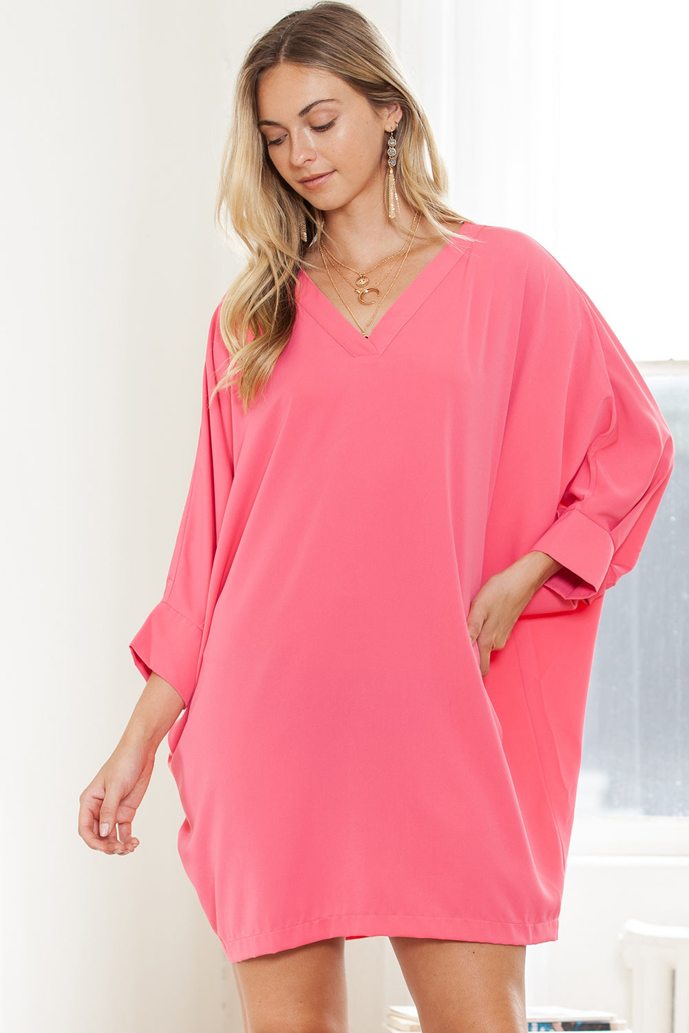 Strawberry Pink Solid Color V Neck 3/4 Sleeve Dress - Eloy Royal