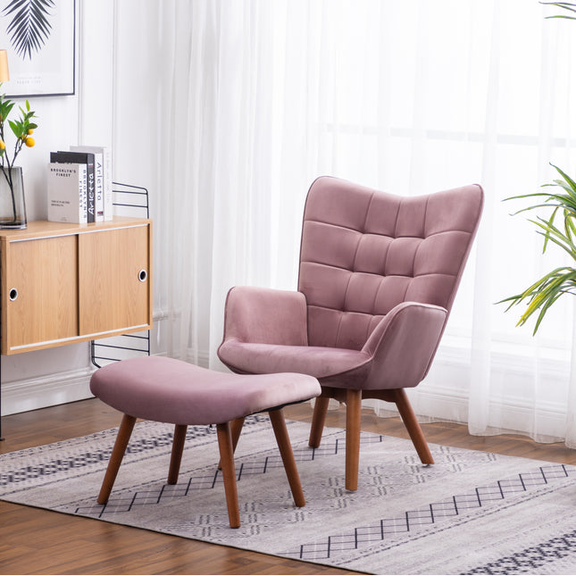 Leiria Contemporary Silky Velvet Tufted Accent Chair with Ottoman, Mauve