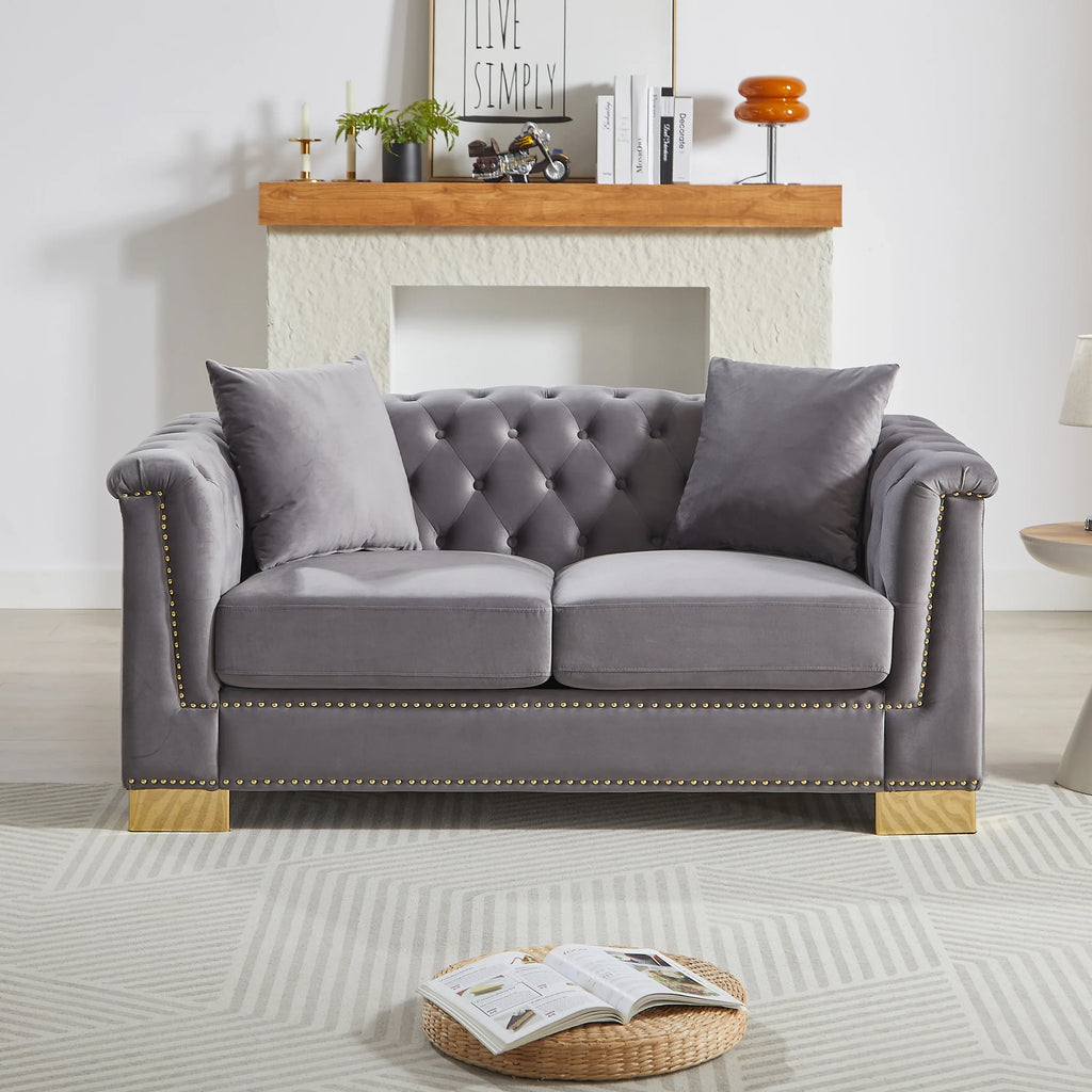 {Video] Classic Modern Style Sofa, 62-inch Chesterfield Classic Rolled Arm Tucked-in Nailhead Decor Cloud Two-Seater Velvet Sofa, Luxury Double Sofa Suitable for Living Room, Bedroom, Apartment, Grey - Eloy Royal