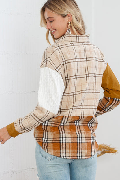 Wholesale Orange Plaid Color Block Patchwork Pocket Shirt Shacket - Eloy Royal