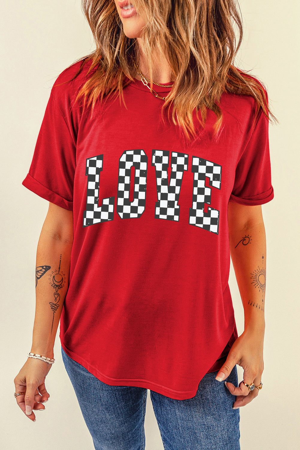 Red Checkered LOVE Letter Graphic Valentines Crewneck T Shirt