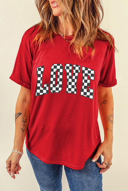 Red Checkered LOVE Letter Graphic Valentines Crewneck T Shirt