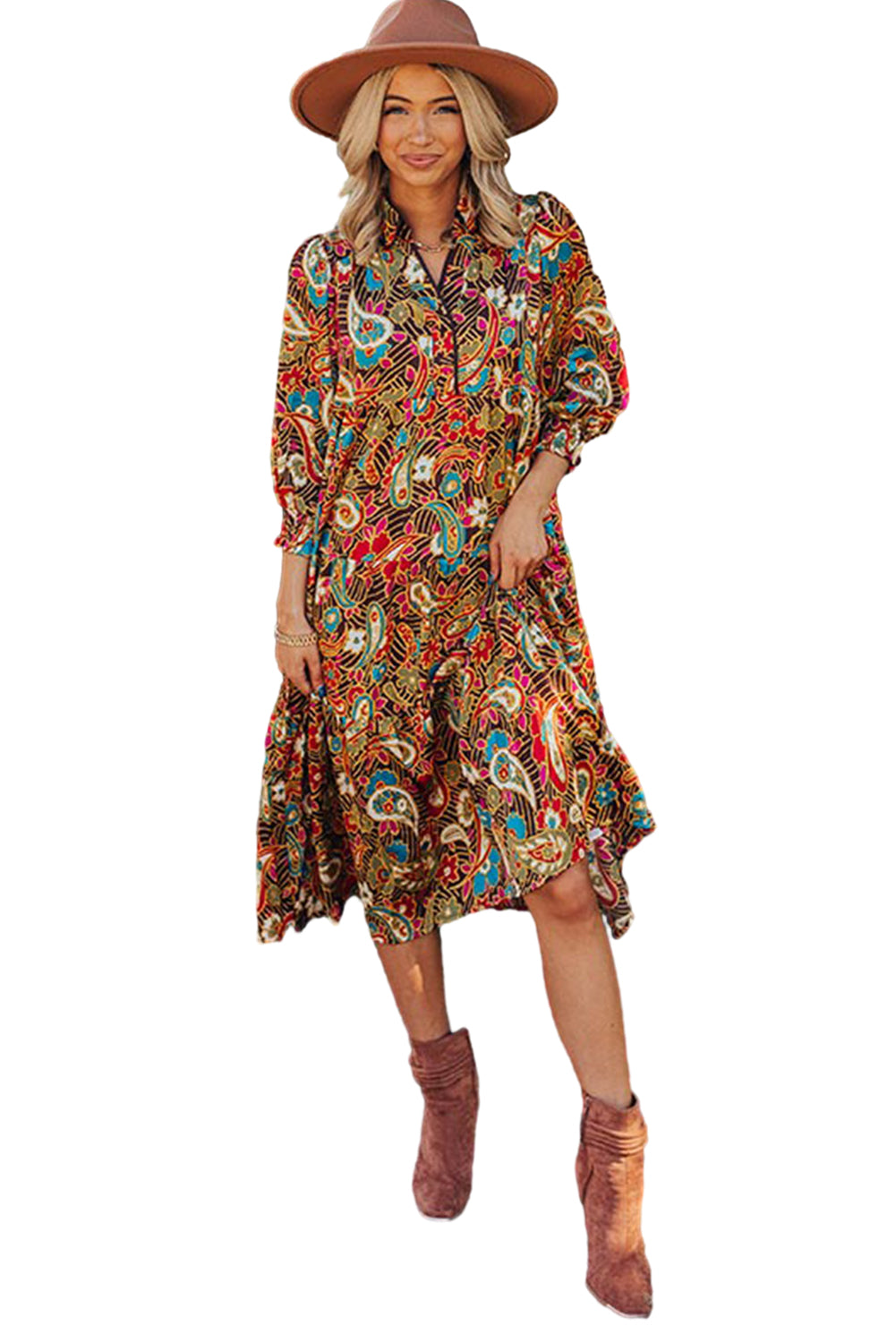 Yellow Paisley Abstract Print Collared 3/4 Sleeve Midi Dress - Eloy Royal