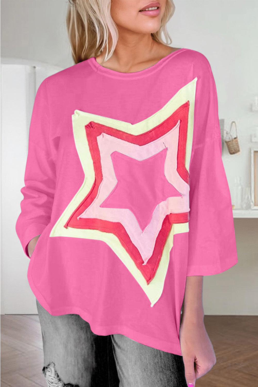 Light Pink Colorblock Star Patched Half Sleeve Oversized Tee - Eloy Royal