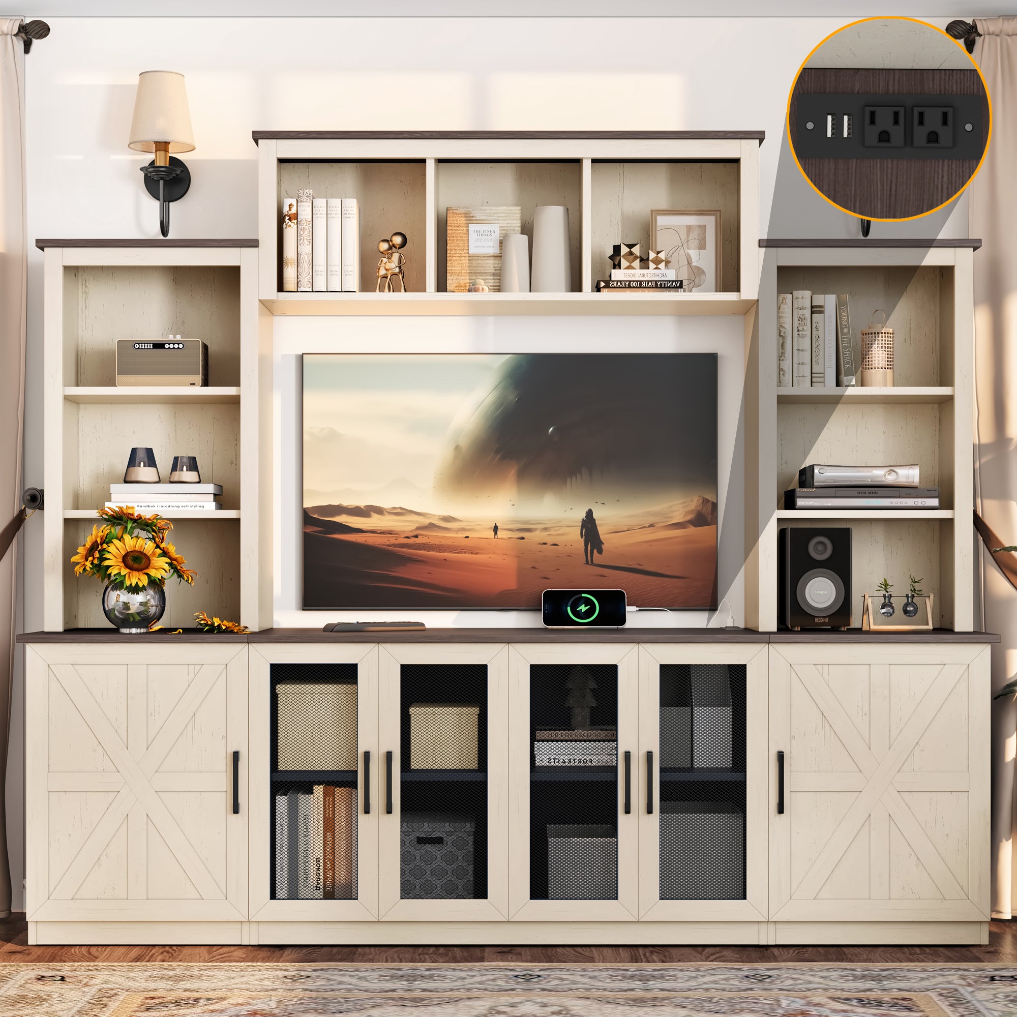 Wall Unit Entertainment Center with Charging Station and USB Charging for TVs,TV Stand with Large Storage Cabinet,Modern TV Stand Media Console with Cabinets,Beige