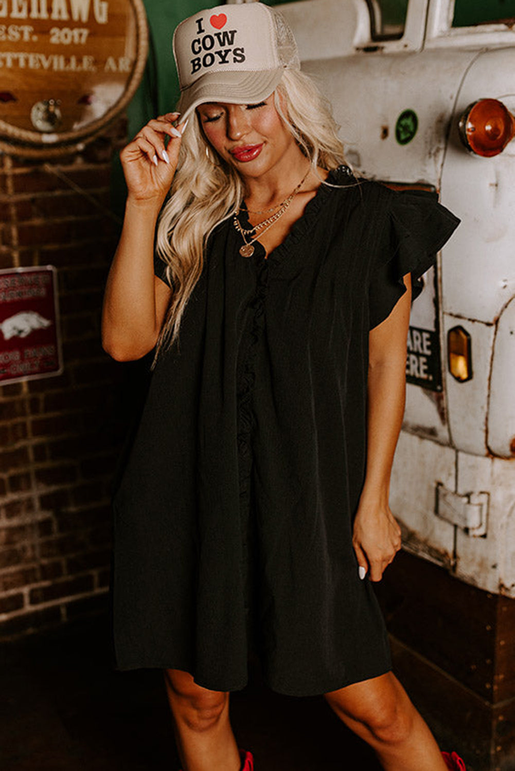 Black Ruffle Sleeve V Neck Frilled Shift Dress - Eloy Royal