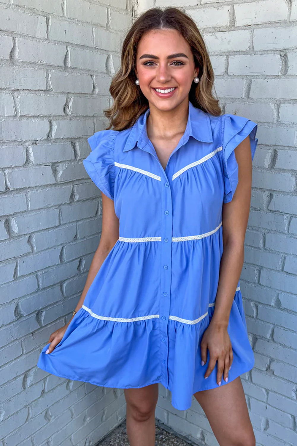 Sky Blue Collared Ruffle Tiered Babydoll Dress - Eloy Royal