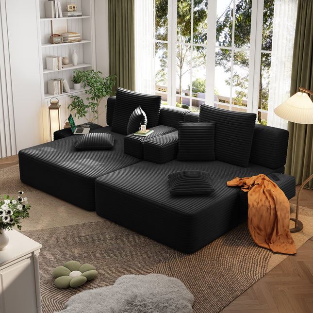 Oversized Double Chaise Lounge 2-Piece Set, Luxurious Plush Corduroy Convertible Sofa Bed with 6 Pillows and Storage Pocket, for Small Spaces,Home Theater, Living Room, Black