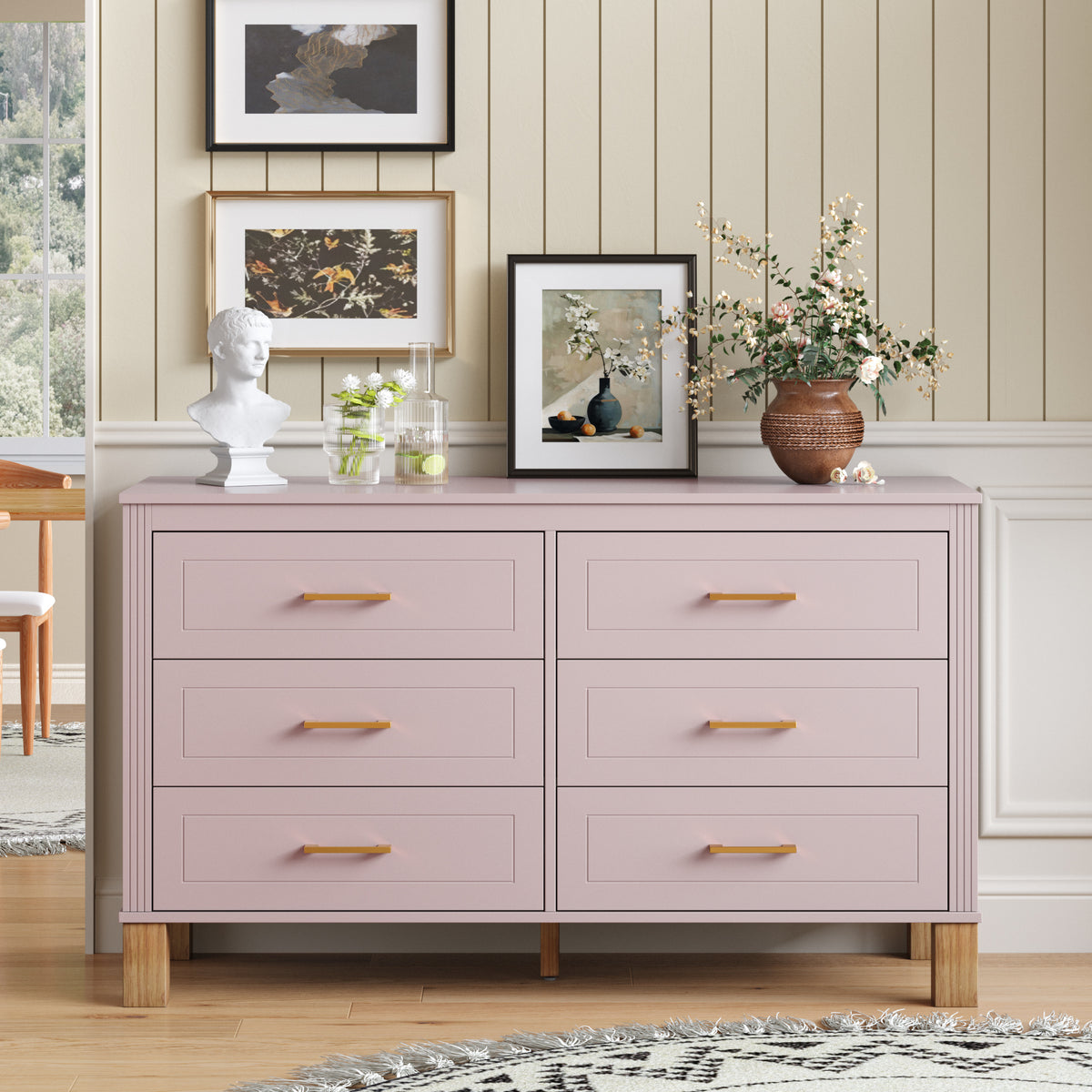 6-Drawer Double Dresser , Modern Storage Cabinet with Metal Handles & Solid Wood Legs, Dresser Drawer Organizer for Kids Bedroom, Heavy-Duty Wooden Dresser with Pre-Installed,Pink