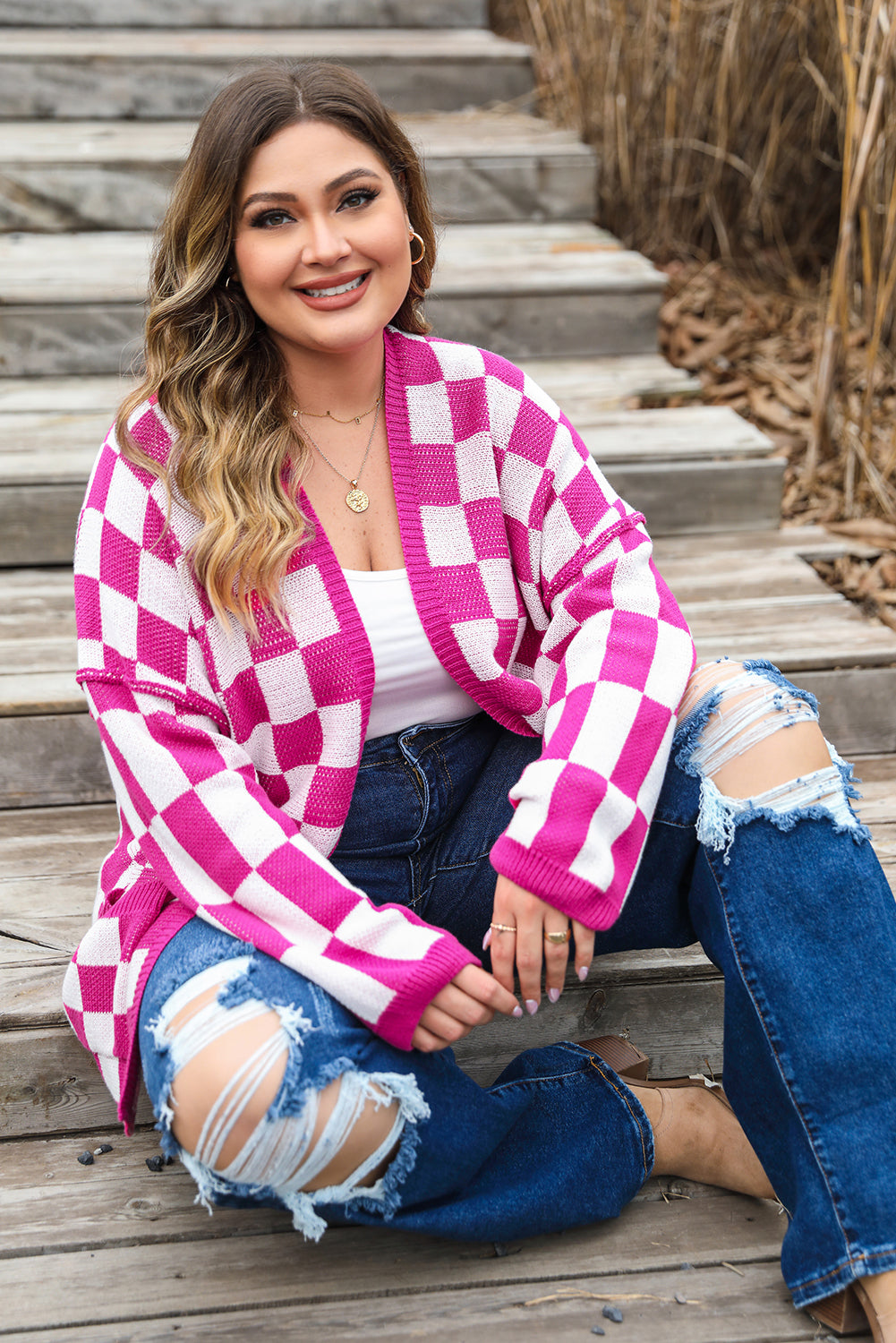 Bonbon Checkered Pattern Open Front Plus Size Cardigan - Eloy Royal