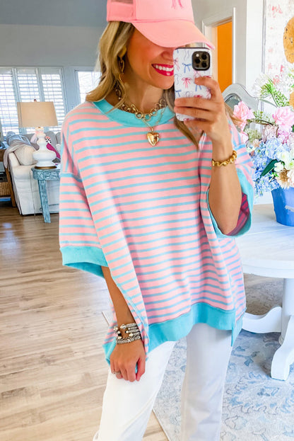 Pink Stripe Colorblock Drop Sleeve Loose Top - Eloy Royal