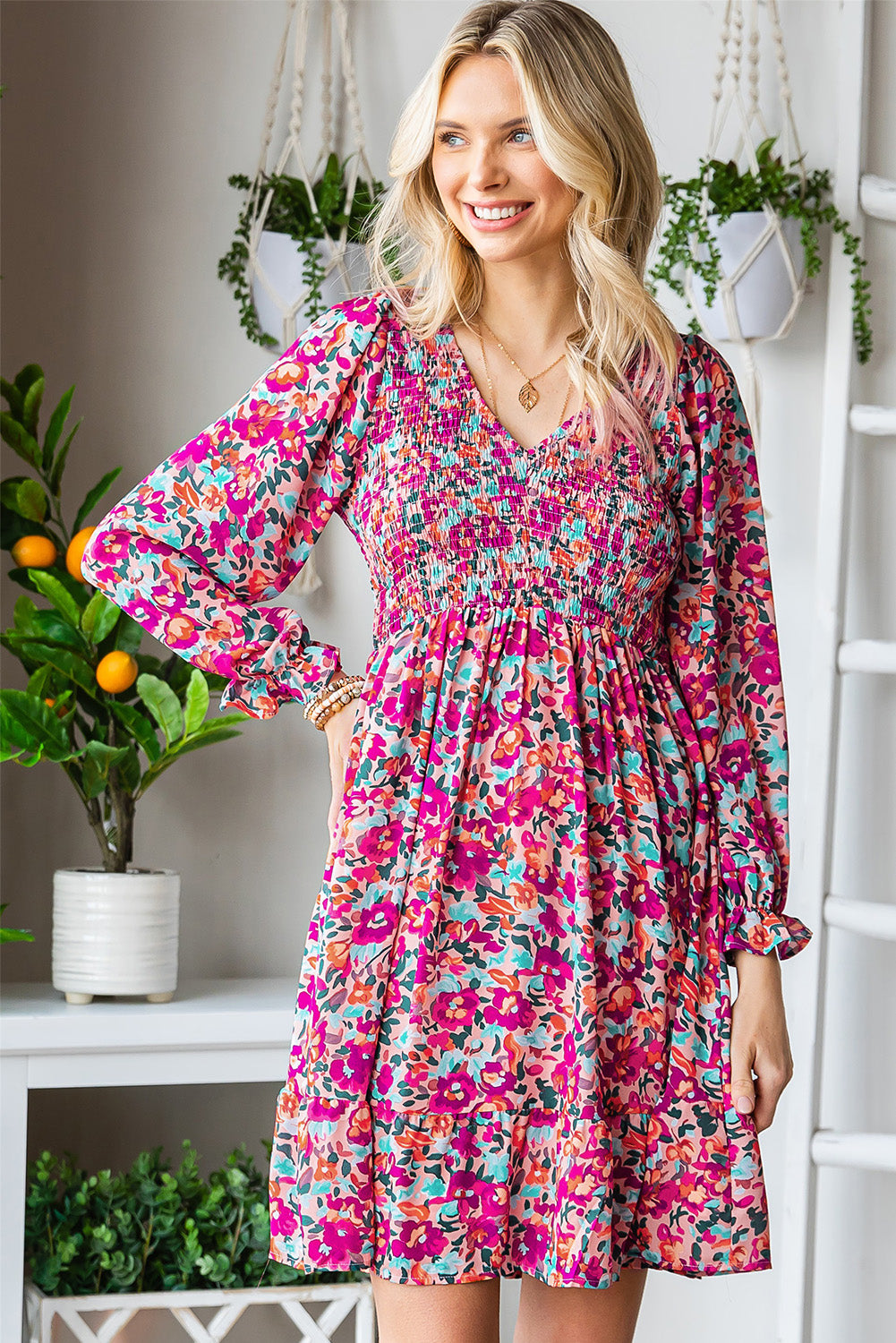 Purple Floral Print Long Sleeve Flounce Hem V Neck Smocked Dress - Eloy Royal